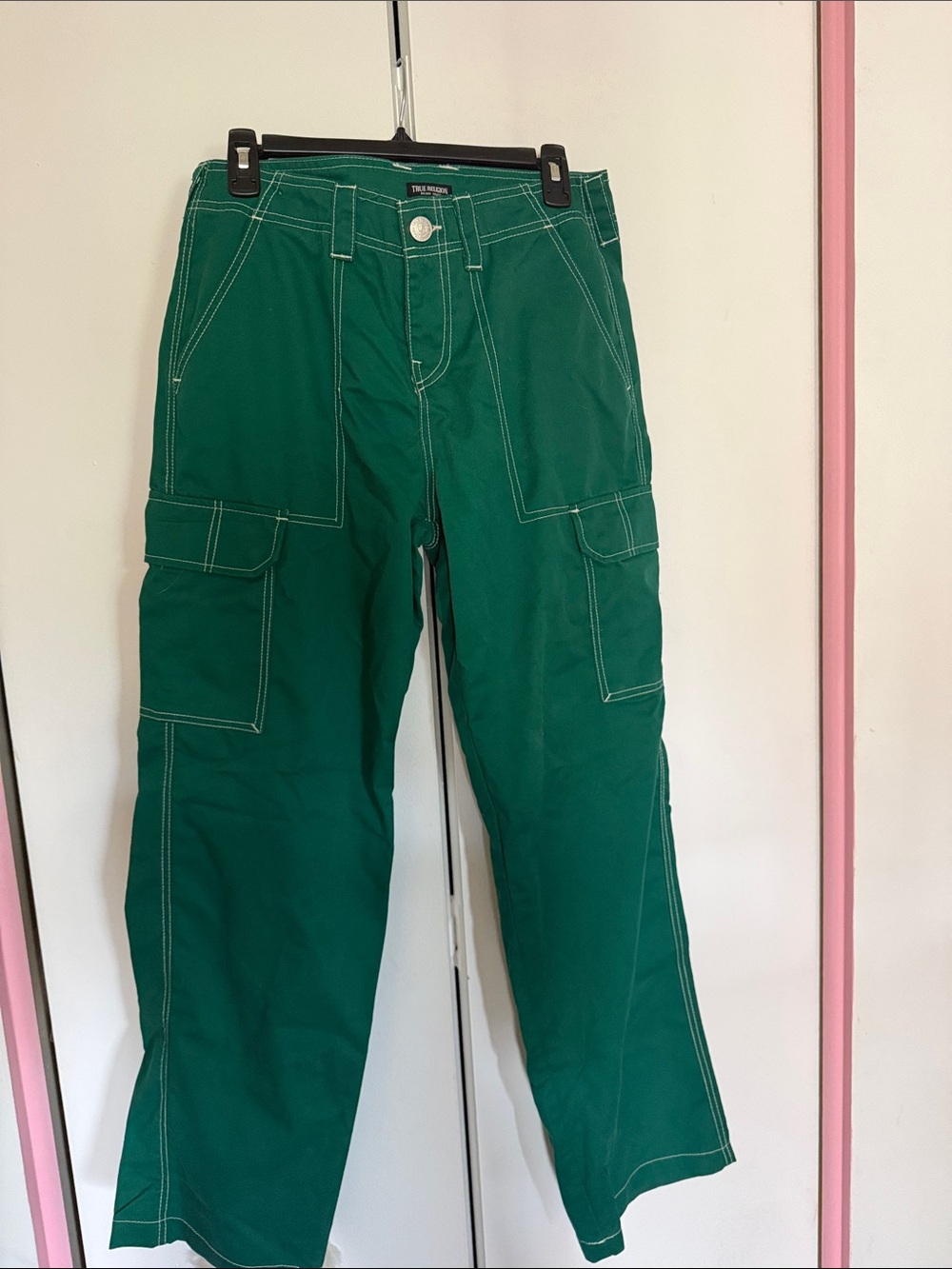 True Religion Emerald Green Cargo Pants with Contrast Stitching